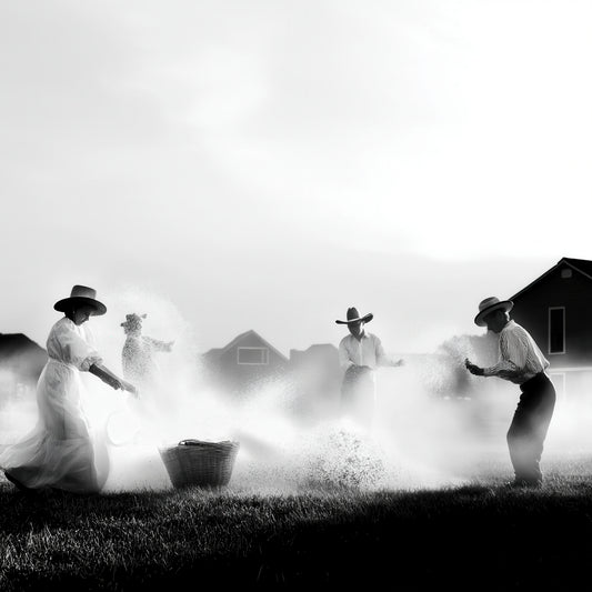 Canvas print of a Western family joyfully splashing water in a sunlit yard, dressed in prairie-style clothing, captured in black and white.